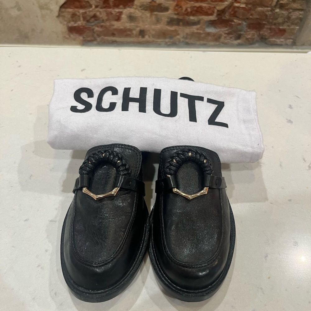 Schutz Black Rhino Loafers with Gold Accent